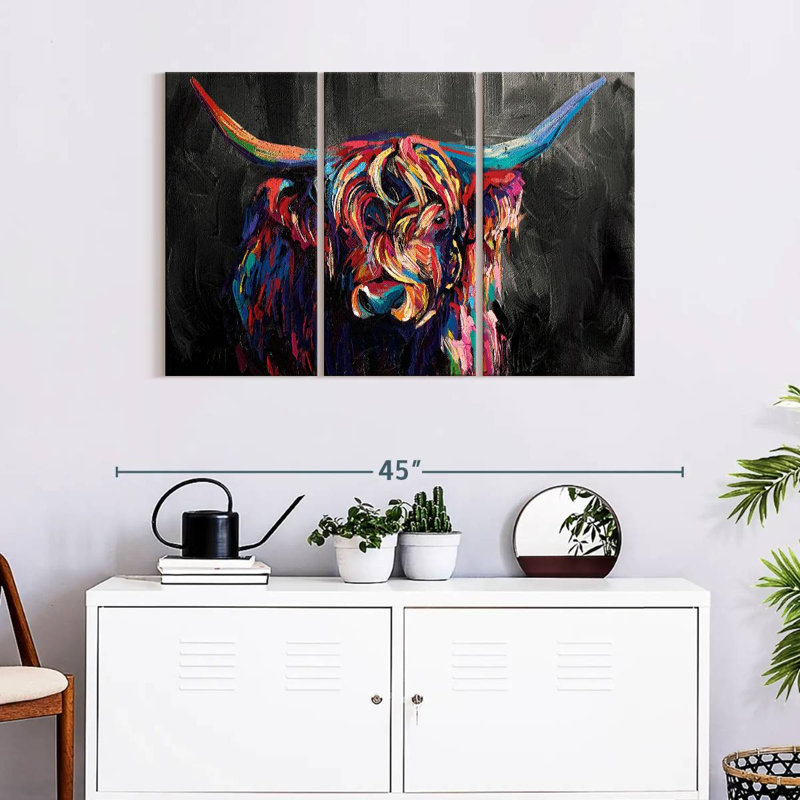 Highland Cow Highland Cow, ensemble de 3 pièces en acrylique sur toile, H 24 po x l 38 po x P 1,25 po