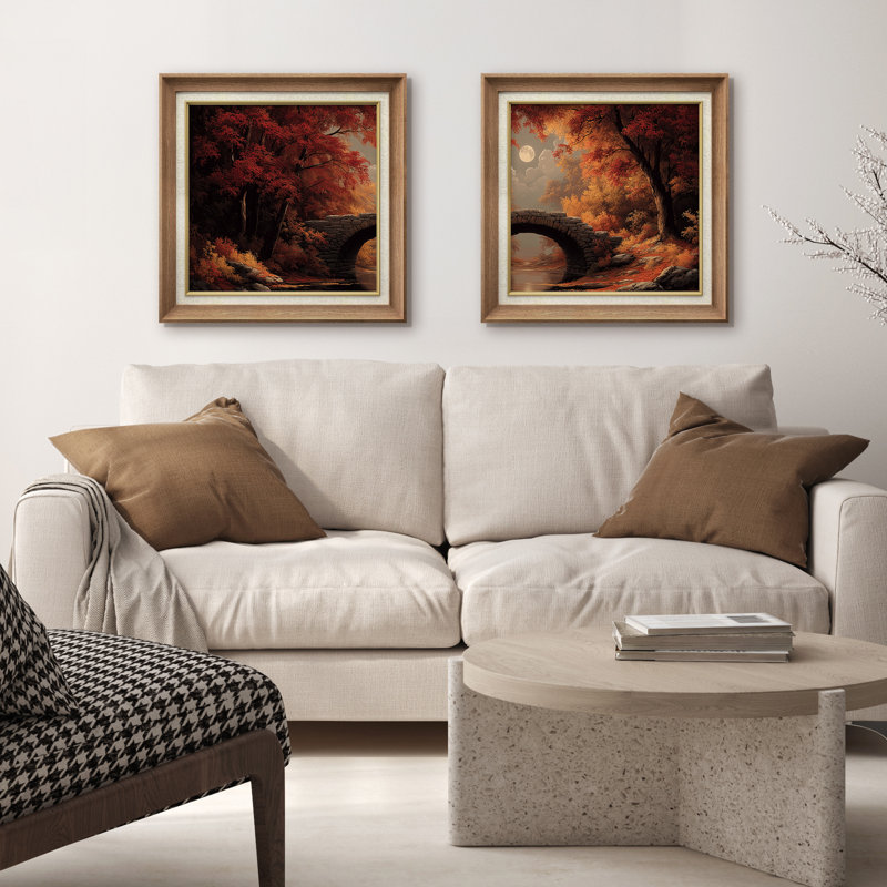 Autumn Forest Moonlight Stone Bridge Landscape - Art mural encadré en papier dans la chambre principale, 2 pièces, Naturel