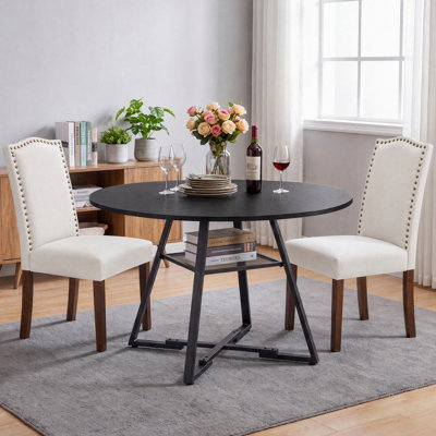 Industrial Kitchen Table and Chairs Set with Mesh Storage Shelf, Modern Dining Room Set with Upholstered Solid Wood Chairs for Home