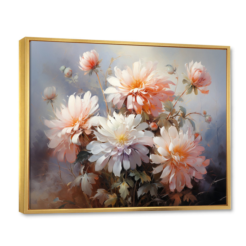 Impression romantique Sulgrave Peach Chrysanthemums III, Cadre flottant doré, H 16 po x l 32 po x P 1 po