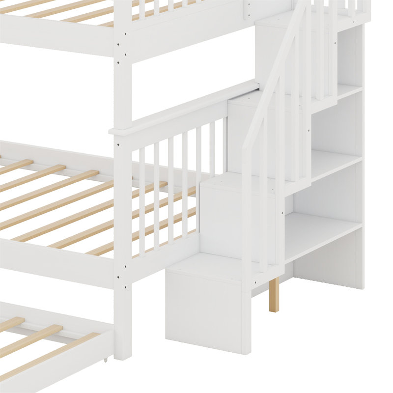 Lit superposé avec lit gigogne, escalier de rangement et garde-corps, Blanc