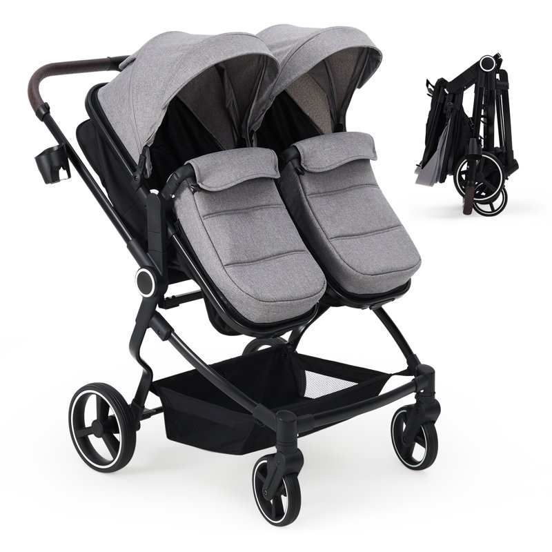 Lightweight Double Stroller for Twins and Toddlers – Side by Side or Tandem, Compact Fold, High Landscape Seats & Adjustable Canopy, 5-Point Harness, Parent Cup Holders – Light Gray