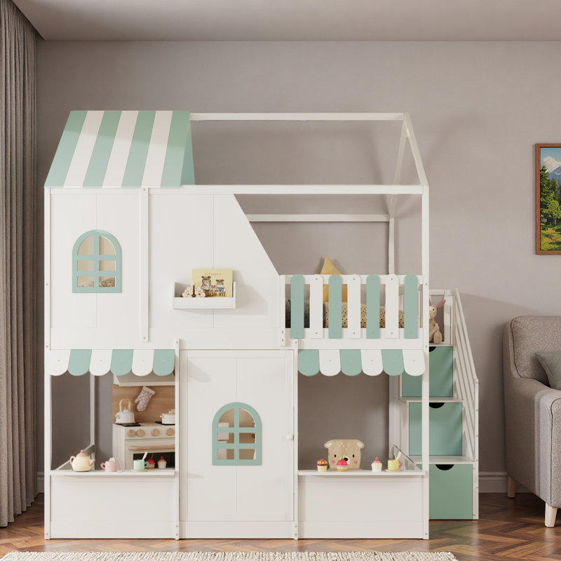 Lit superposé en bois avec escalier de rangement, plateformes de rangement ouvertes, tablette supplémentaire, toit, fenêtres mignonnes et porte centrale