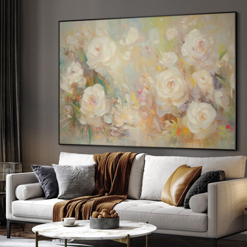 Extra Large Wall Art Fabric Print - Soft Pastel Roses in Abstract Impressionist Style Artwork Decor for Living Room or Bedroom - "Frame Assembly Required (Unfinished Frame)"