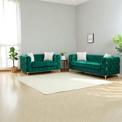 Canapés en velours vert compression, pieds en métal avec cadre en bois, ensemble de maison moderne