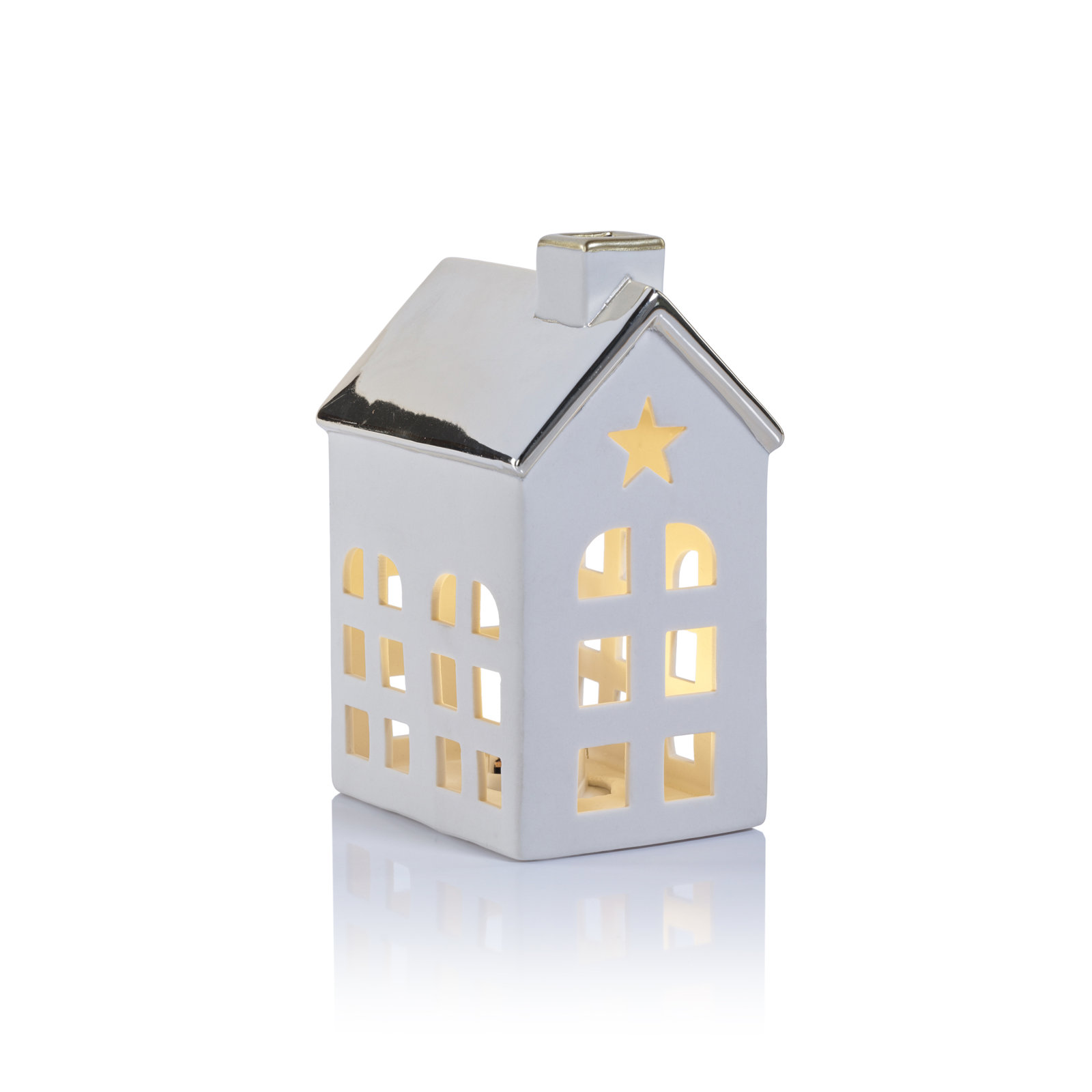 Lilou 2-Piece Set Porcelain LED House with Roof, 5.5" H x 4" W x 3" D, Gold/White