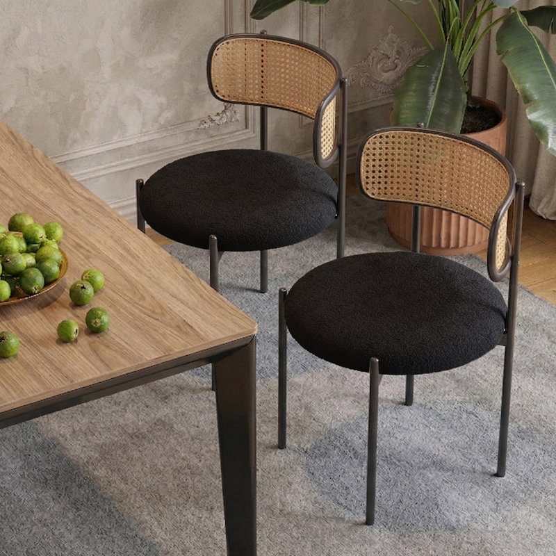Rattan Back Dining Chairs With Upholstered Seats, Mid-Century Modern Armless Side Chairs With Metal Frame( Set Of2 ),Black