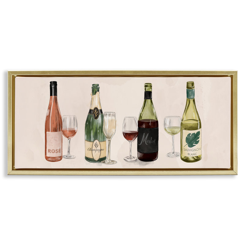Diverses bouteilles de vin et de champagne, H 11 po x l 25 po, Cadre flottant métallique doré