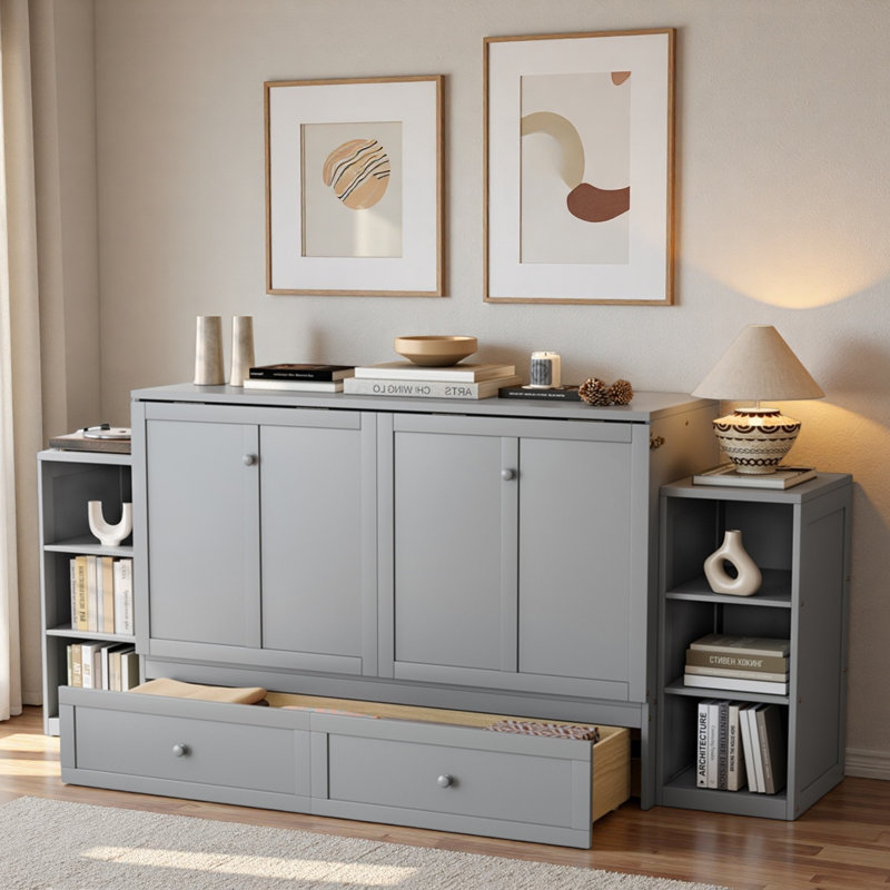 Lit escamotable avec tiroirs de rangement spacieux et tablettes ouvertes, Gris clair