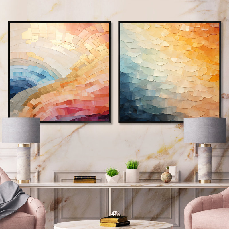 Minimalisme couleurs en harmonie - ensemble de 2 collages abstraits carrés, Cadre flottant noir, H 16 po x l 33 po