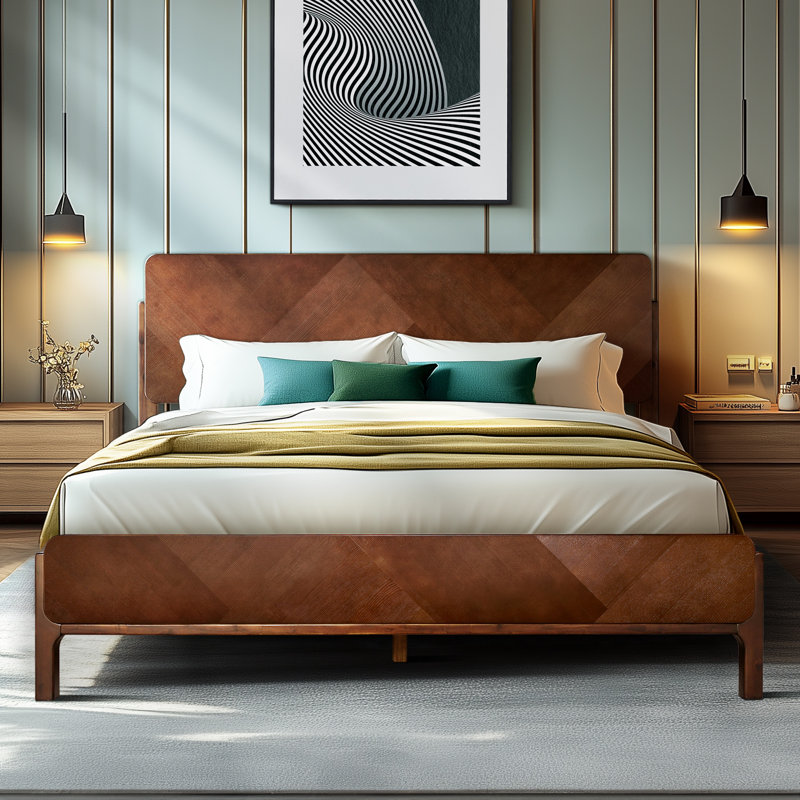 RORNS Bifrost 100% Solid Acacia Wood Queen Platform Bed with Tall Headboard and Footboard, Mid-Century Art Deco Design, No Box Spring Needed, Sturdy Slat Support, Scratch & Water-Resistant, Walnut Finish