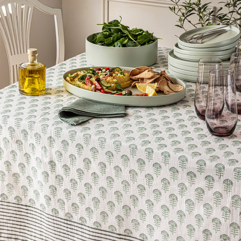 Hand-Screened Green Flower Cotton Rectangular Tablecloth