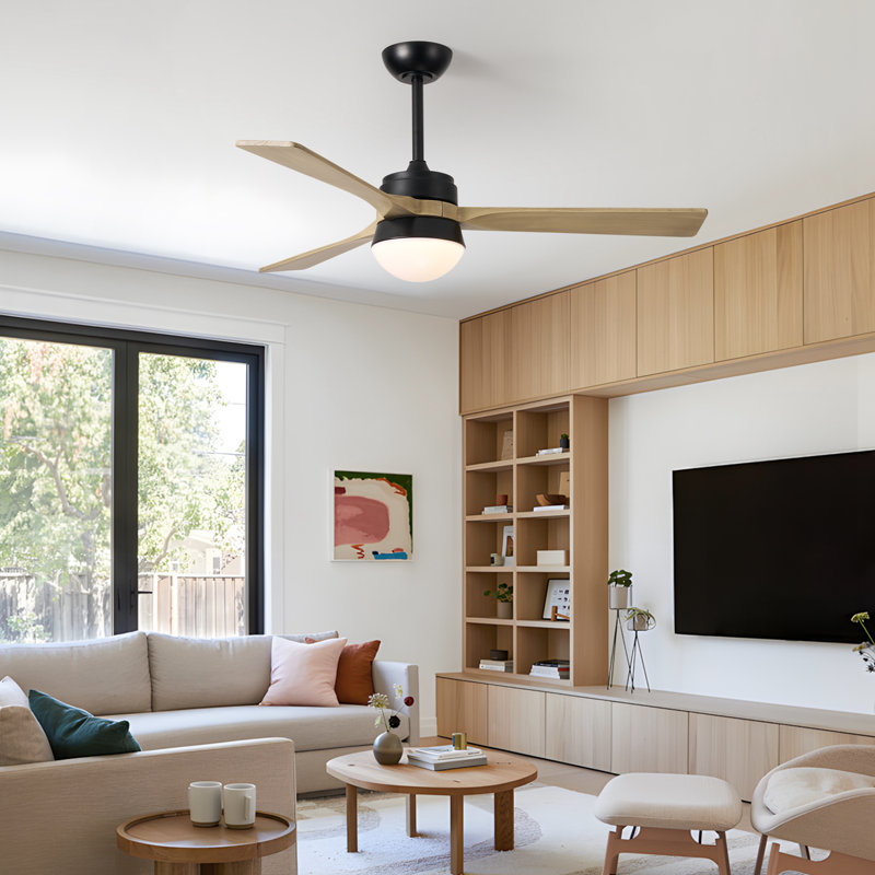 Ventilateur de plafond rustique noir de 52 pouces en forme de moulin à vent avec lumière DEL à intensité variable et télécommande, pales en bois naturel