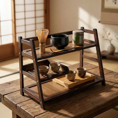 Étagère de rangement à 3 niveaux en bambou Matcha Station | pour comptoir de cuisine, bar à thé - poudre de matcha, outils et organisateur de tasses