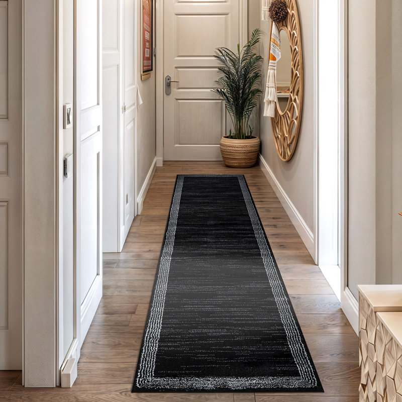 Tapis tissé à motif géométrique noir / ivoire, Tapis de couloir 2 pi 2 po x 12 pi