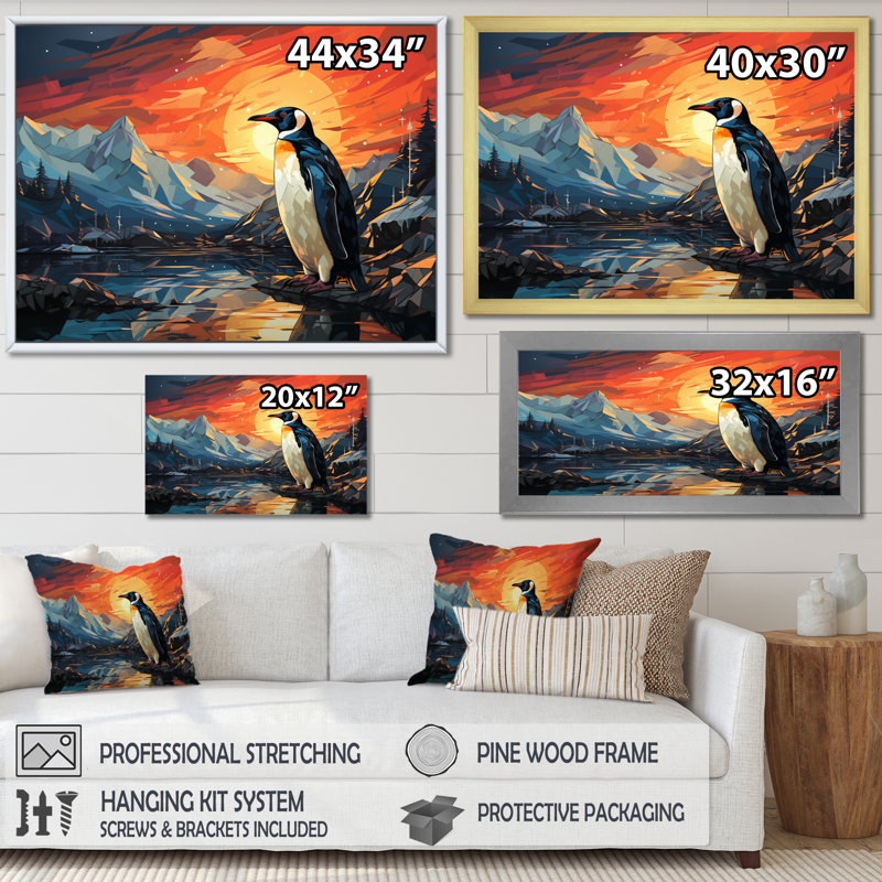 Voyage multicolore à motif de pingouins géométriques I sur toile, Cadre simple blanc, H 12 po x l 20 po x P 1 po