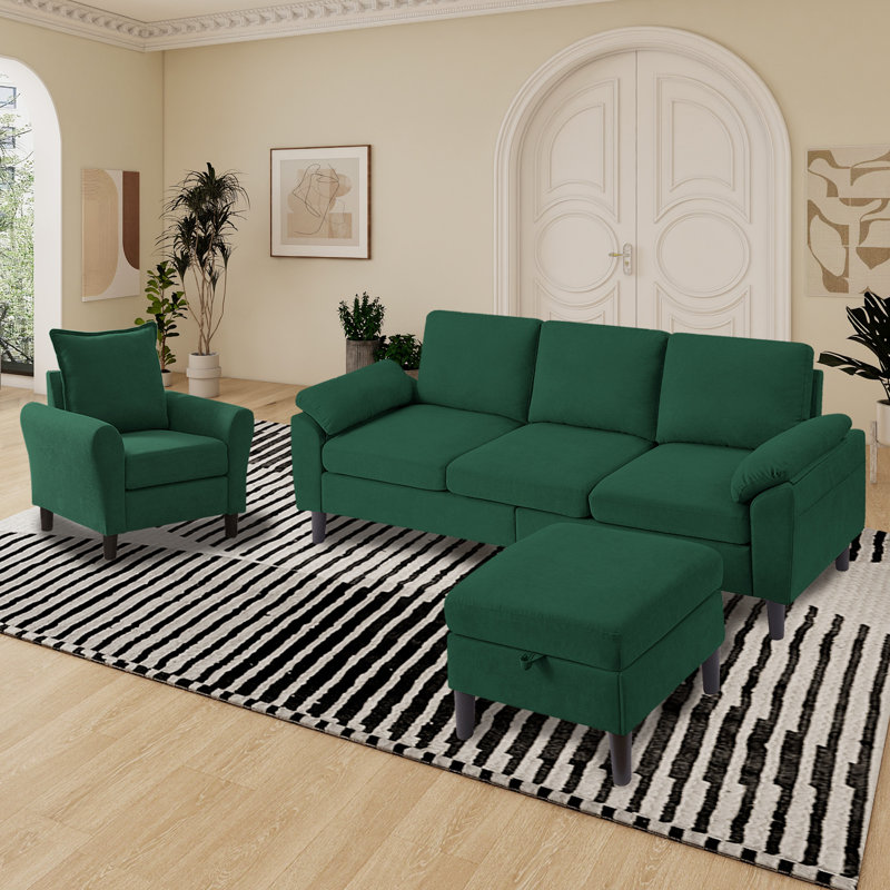 Lezley 79.92" Wide 3 Piece  Living Room Set with Storage Sofa and Chair, Green Polyester Blend
