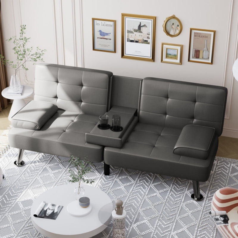 Futon Sofa Bed Convertible Folding Faux Leather Couch with 2 Cup Holders, Gray