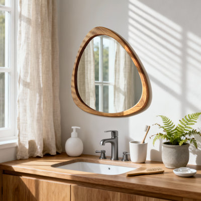 Asymmetrical Accent Decorative Wall Mirror, Solid Wood Frame – Boho Modern Mirror For Entryway Or Vanity