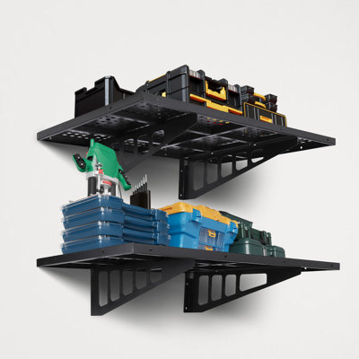 Heavy Duty Garage Wall Shelves 2-Pack – Metal Floating Storage Rack with 4 Hooks – 600lbs Load, Adjustable, Wall Mounted, 12x72 Inch, Black, For Garage, Workshop, Laundry (Size: 12*72)