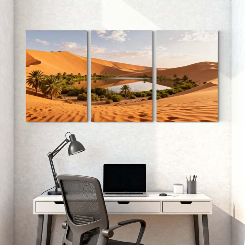 Scène et paysages urbains, oasis du désert, palmiers, dunes de sable, ciel, ensemble de 3 impressions sur toile