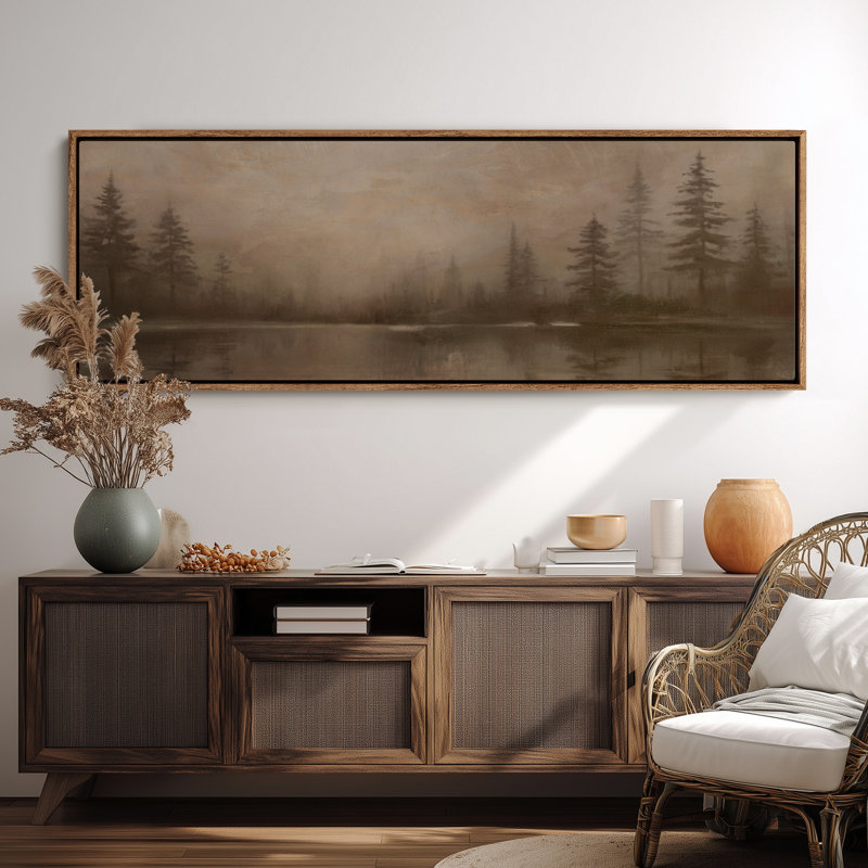 «Misty Pine Forest Reflection on Quiet Lake», art mural pour chambre à coucher ou espace de méditation, H 20 po x l 60 po