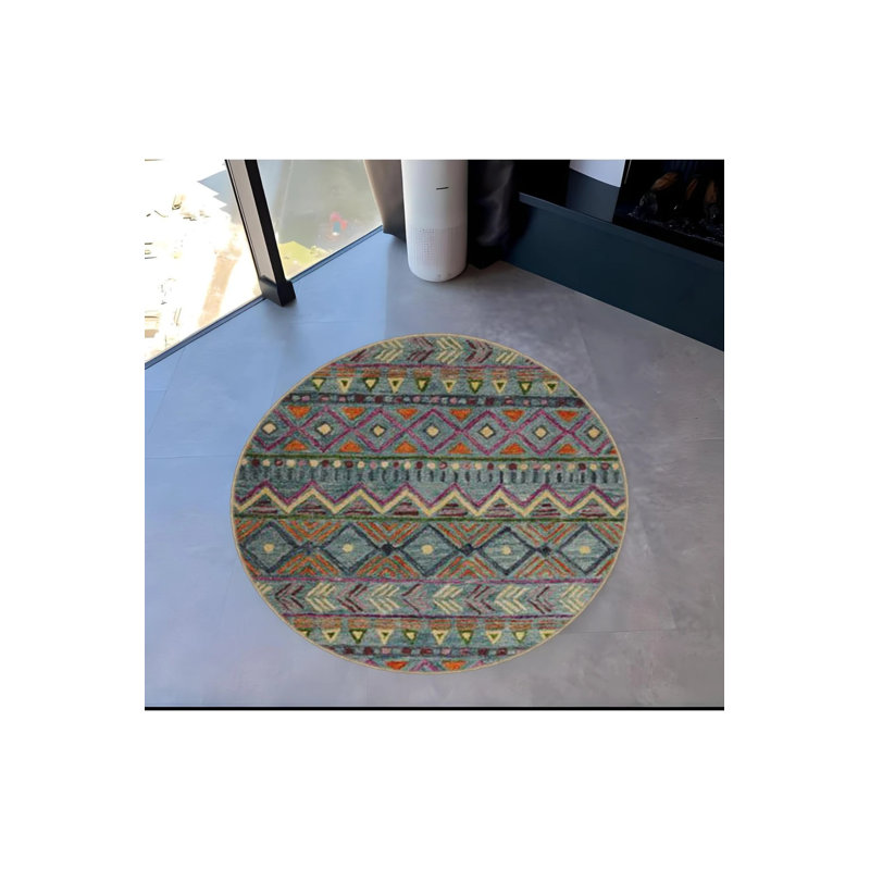Multicolored Mixed Ethnic Motif Patterned Round Woven Base Modern Decorative Carpet, Round 4'