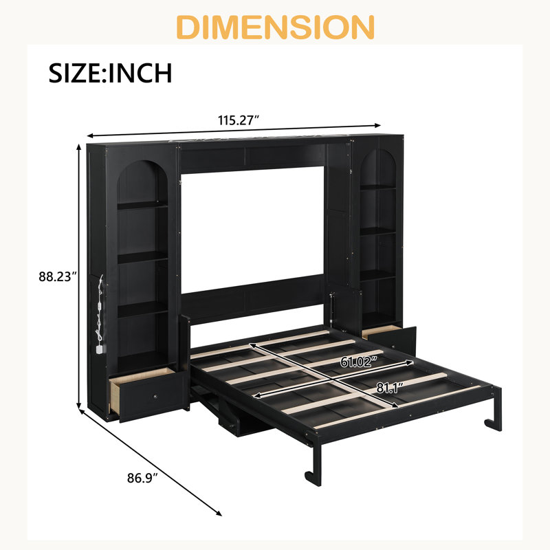 Grand lit plateforme escamotable avec tablette, armoires latérales, tiroirs et DEL, Noir