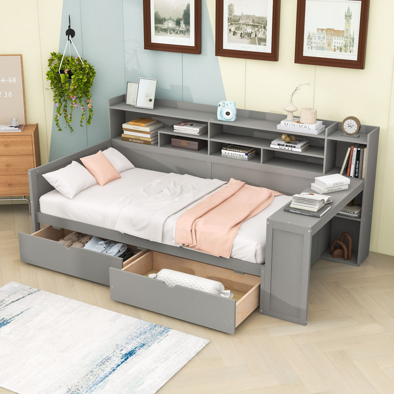 Wood Daybed with Two Storage Drawers and Shelves, Twin