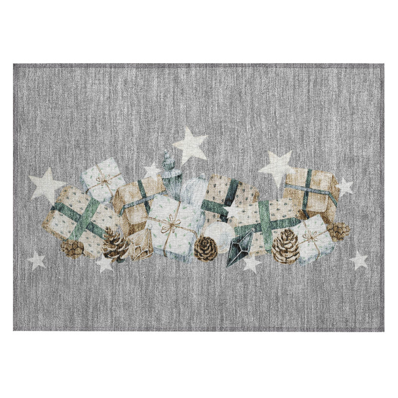 Machine Washable Indoor/Outdoor Christmas Presents Xhevrie Gray Rug, Rectangle 1'8" x 2'6"