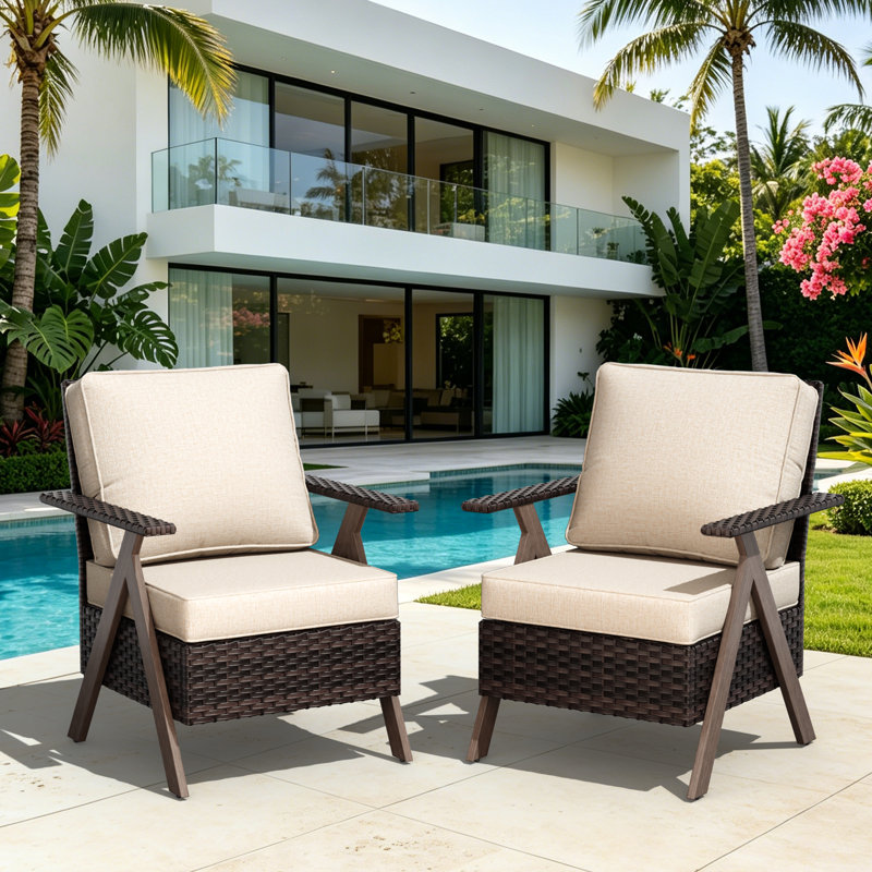 2-Person Polyethylene (PE) Wicker Outdoor Lounge R-shaped Armchair with Beige Cushions, Beige