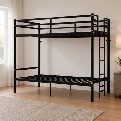 Lit simple en métal noir amovible avec échelle et garde-corps élevé, conception silencieuse et espace de rangement intégré, très pratique.