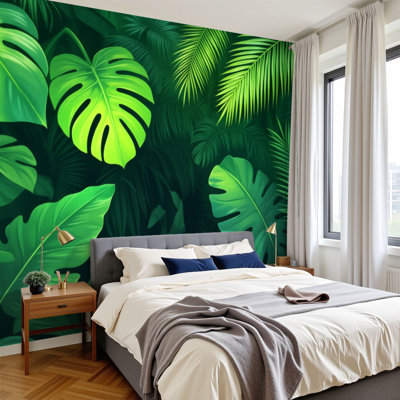 Peel and Stick Wallpaper Tropical Jungle Leaves Monstera Ferns Vibrant Green Shades Wall Murals 100"H x 144"W Removable PVC Wall Paper Self-Adhesive Wall Decor for Bedroom Living Room Home Office