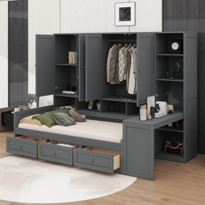 Lit de jour en bois avec trois tiroirs, unité de rangement tout-en-un, bureau et tablettes