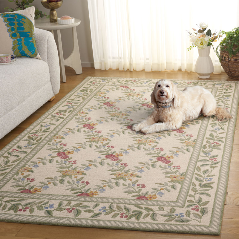 Hand Hooked Wool Pile Floral Rug, Rectangle 9' x 12'