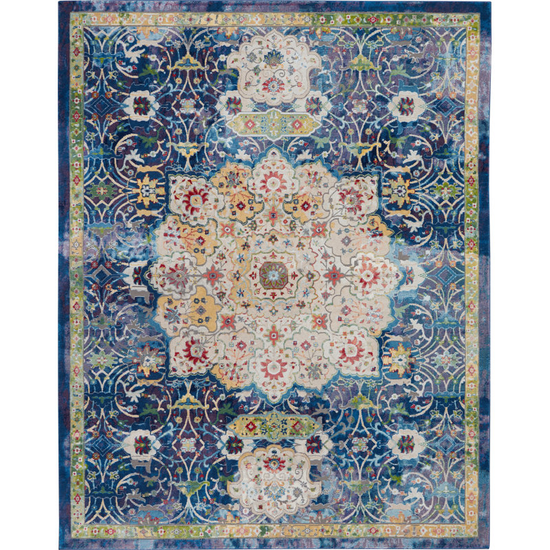 Tapis bleu d'inspiration persane Raymond, Rectangle 8 pi 10 po x 11 pi 10 po