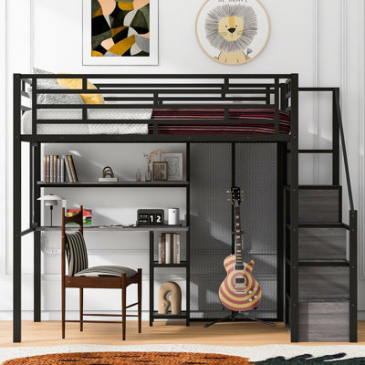 Lit mezzanine en métal avec garde-robe, bureau et tablettes de rangement