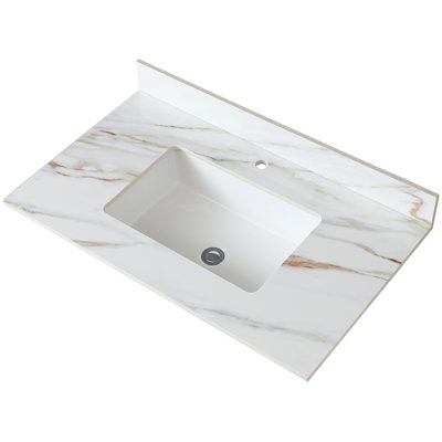 37 Inch Bathroom Vanity Top - White Marble, 4" Backsplash Design Rectangular Sink, Backsplash, Material, American Traditional Style, Sintered Stone