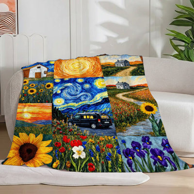 1Pc Colorful Pastoral Quilted Blanket, Vibrant Rural Scene Patchwork Blanket, Sunflower Fields And Starry Skies Blanket, Soft Warm Cozy Art Gift For Travel/Sofa/Bed 40*50