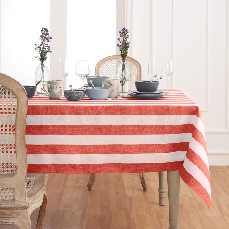 Cabana Stripe - 100% Pure Linen Tablecloth, 120" x 60", Red/White