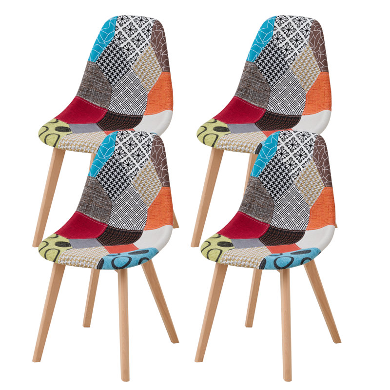 40.5cm Patchwork Linen Nordic style Dining Chairs with Solid Wood Legs, Multicolor