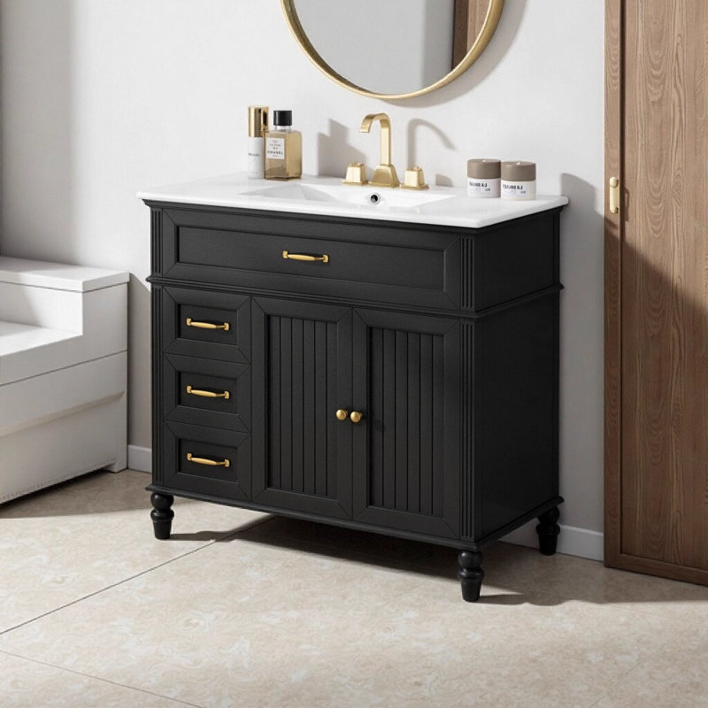 Meuble-lavabo noir 36 po avec lavabo, meuble autoportant moderne avec tiroirs et structure en bois massif, comptoir en céramique pour la rénovation de la salle de bain
