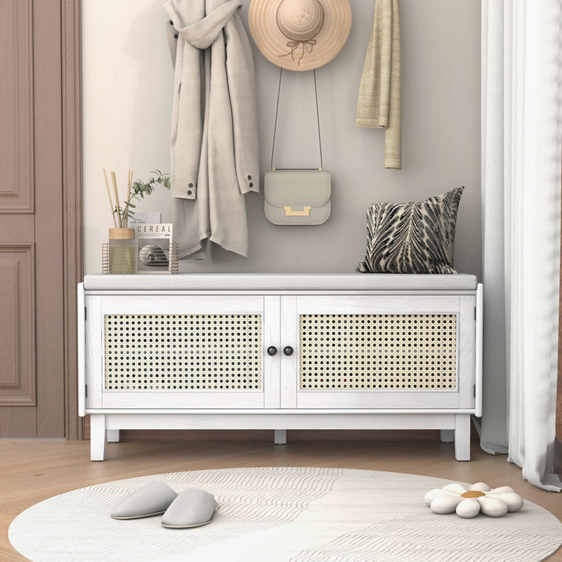 Banc d'entrée en rotin avec rangement Boho, Blanc / beige