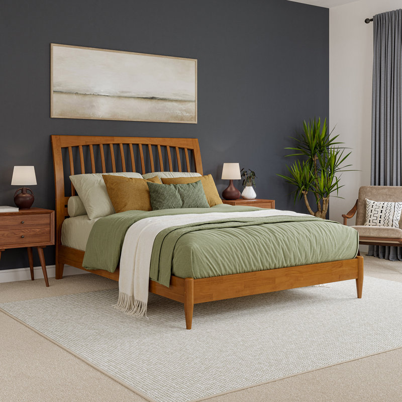 Ambie Low Profile Solid Wood Slatted Spindle Sleigh Bed, Queen, Light Toffee