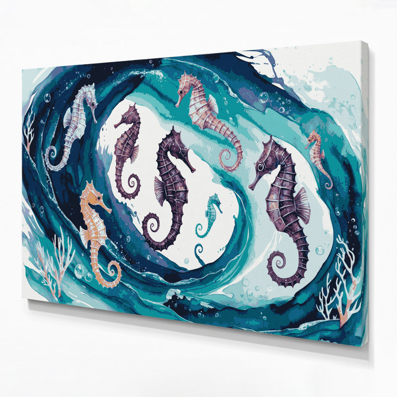 Art mural sur toile bleu hippocampes nautiques, H 12 po x l 18 po