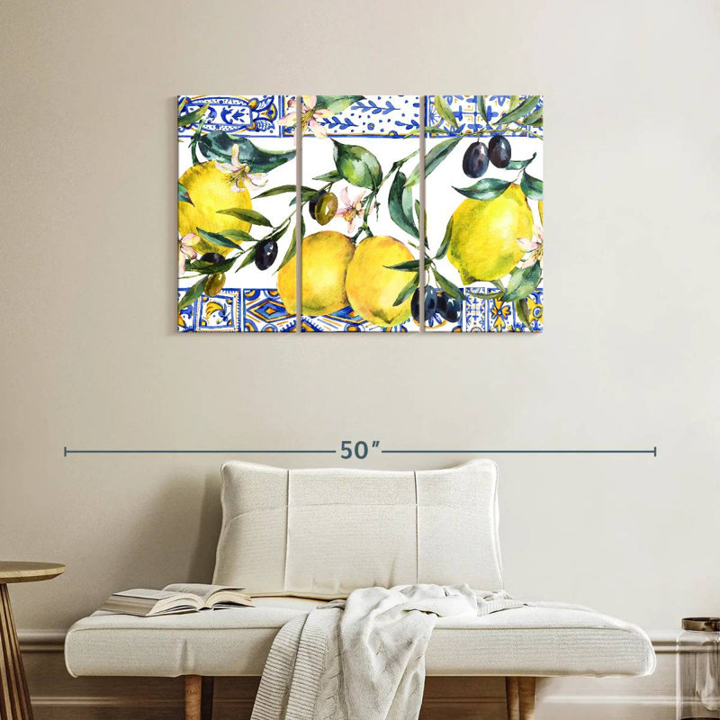 Ensemble de 3 citrons et olives sur toile, H 24 po x l 38 po x P 1,25 po