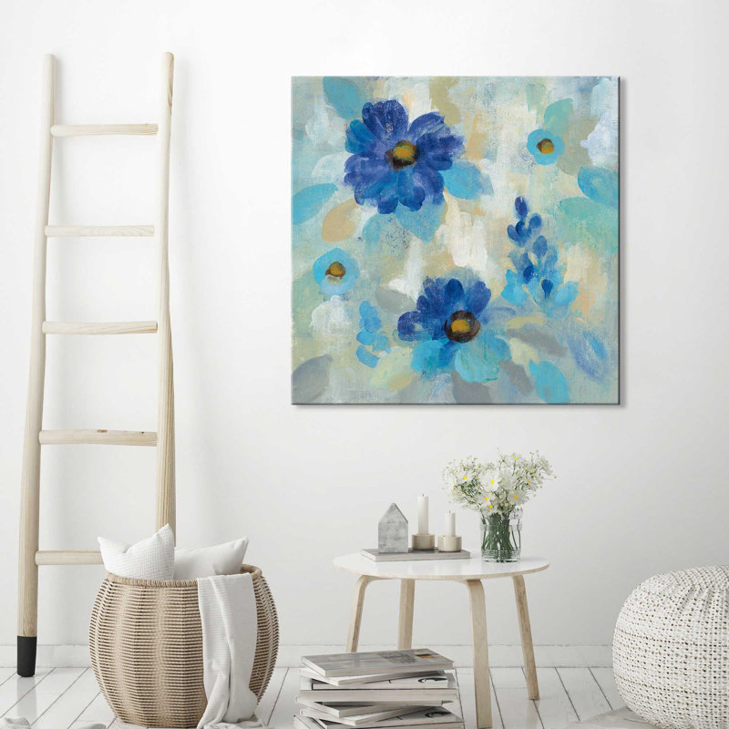 « blue floral messe ii », reproduction d’art sur toile encadrée, H 18 po x l 18 po x P 1 po, Toile tendue