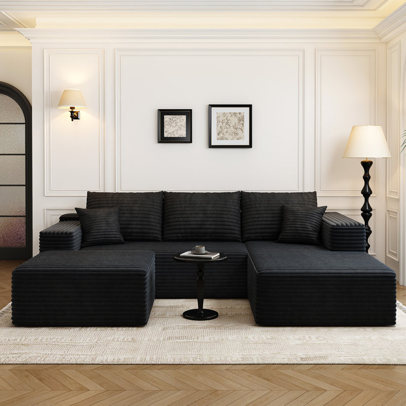 Canapé modulaire 107,5 po avec 1 repose-pieds Cloud, Tissu velours côtelé noir, Orienté à droite