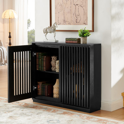 Mid Century Modern Fluted Hollowed Out Sideboard Cabinet With 2 Outlet Holes, Buffet Cabinet With Storage, Black Storage Cabinet