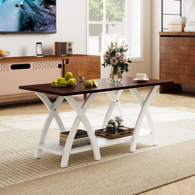 2-Tier Coffee Table w/Storage Shelf & X-shaped Legs for Living Room Bedroom